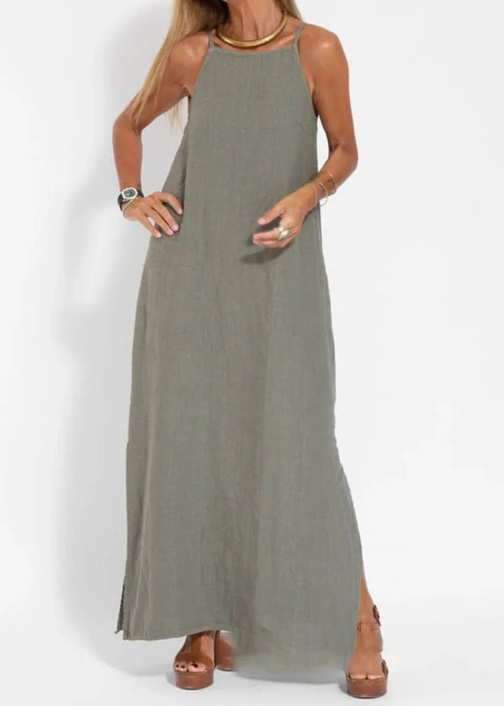 Olive green casual cotton linen slit suspender dress