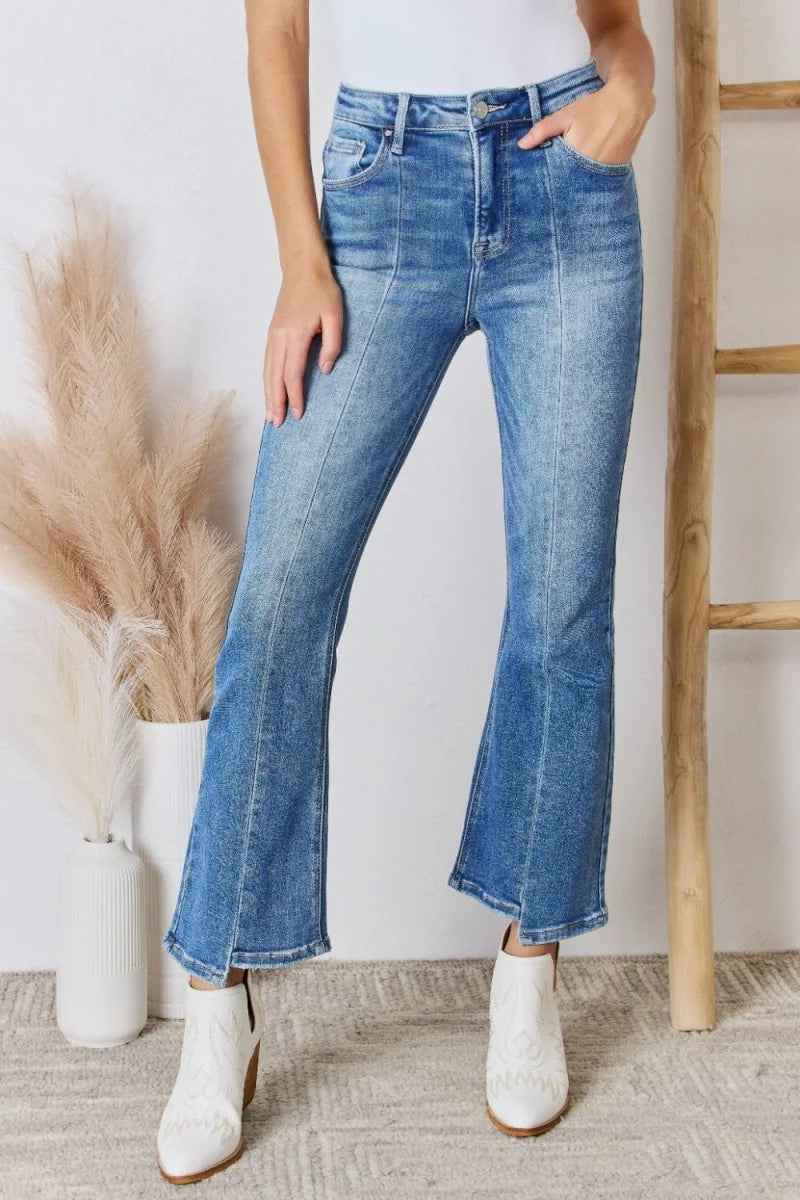 High rise ankle flare jeans in blue