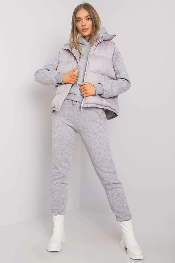 Grey three-piece set with vest, sweatshirt, and sweatpants