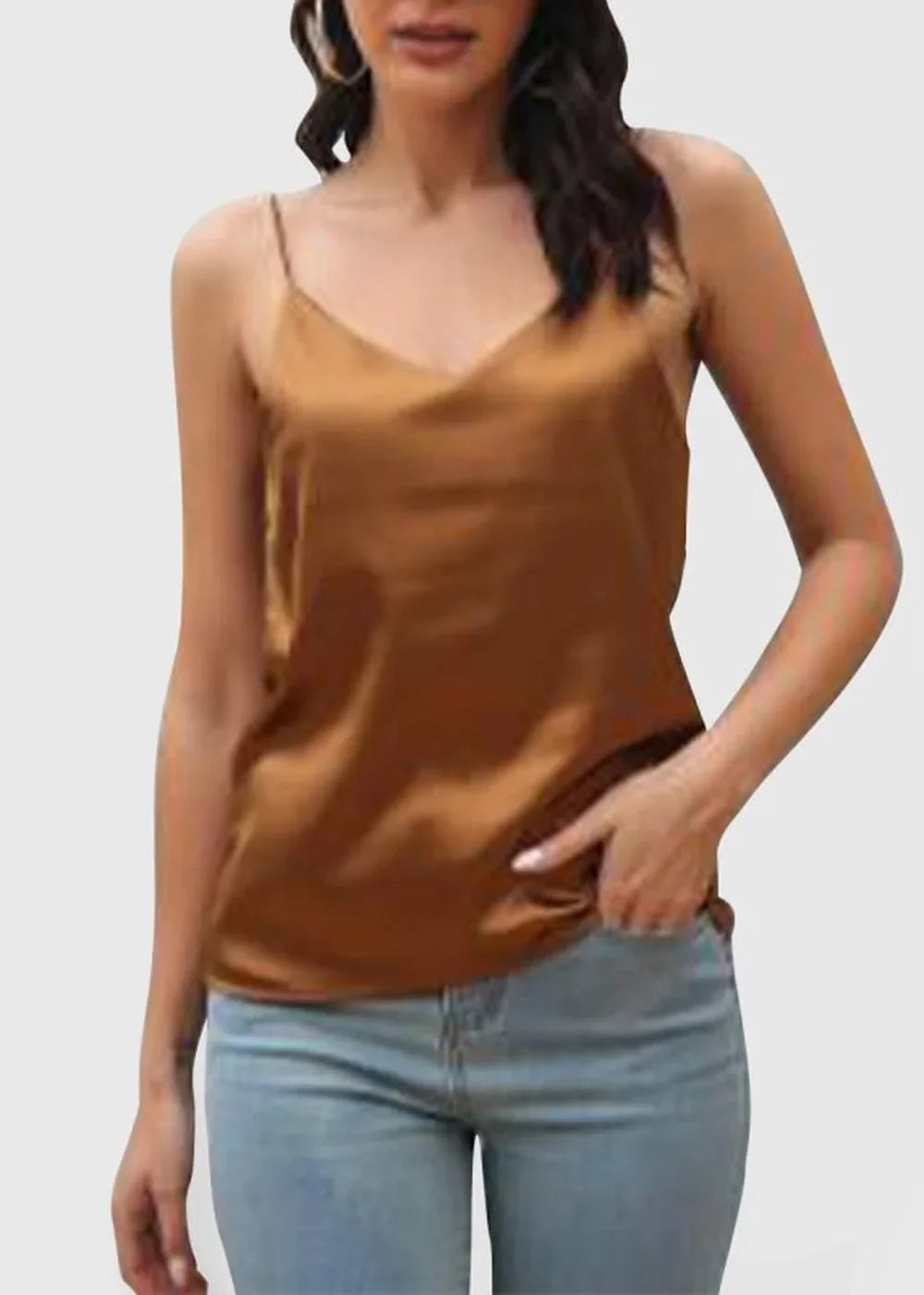 Khaki Satin V-Neck Sleeveless Vest Top