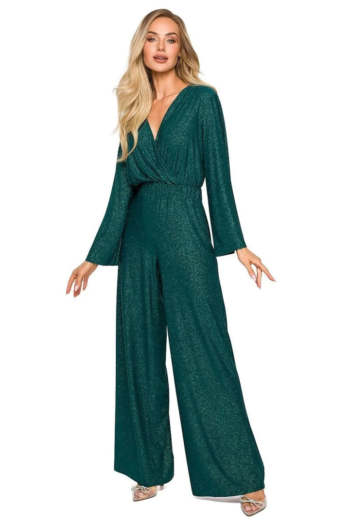 Green wide leg jumpsuit with draping neckline