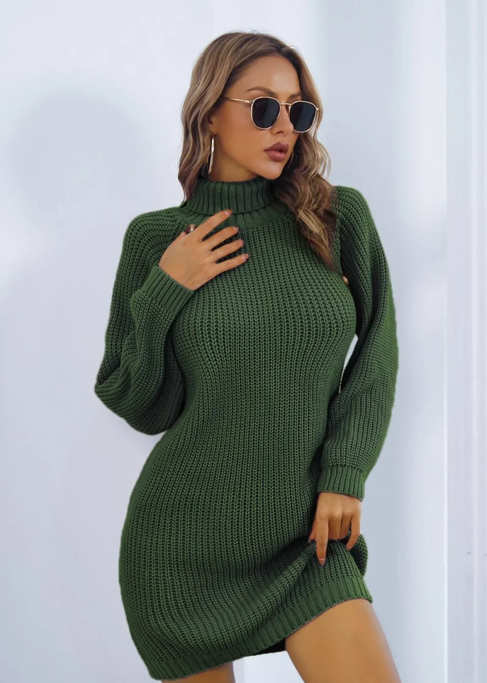Green buttoned turtleneck long sleeve sweater dress