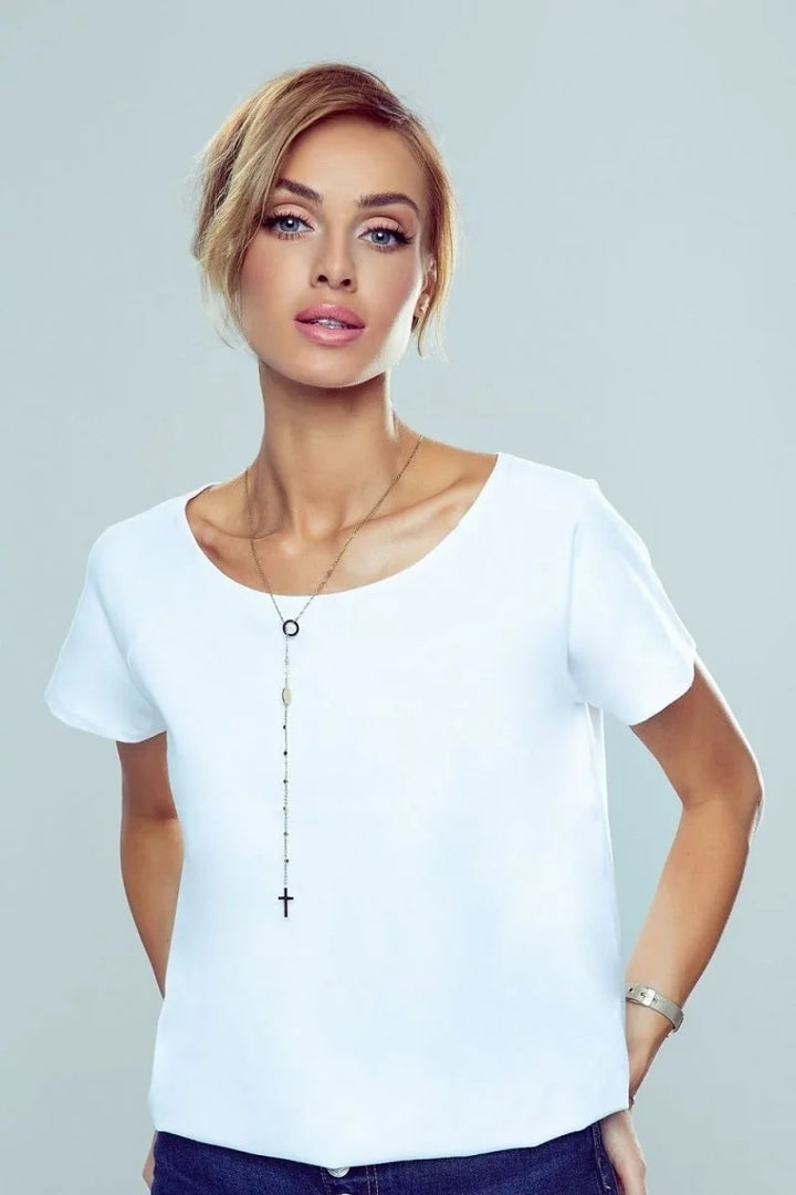 White short sleeve blouse with satin bow