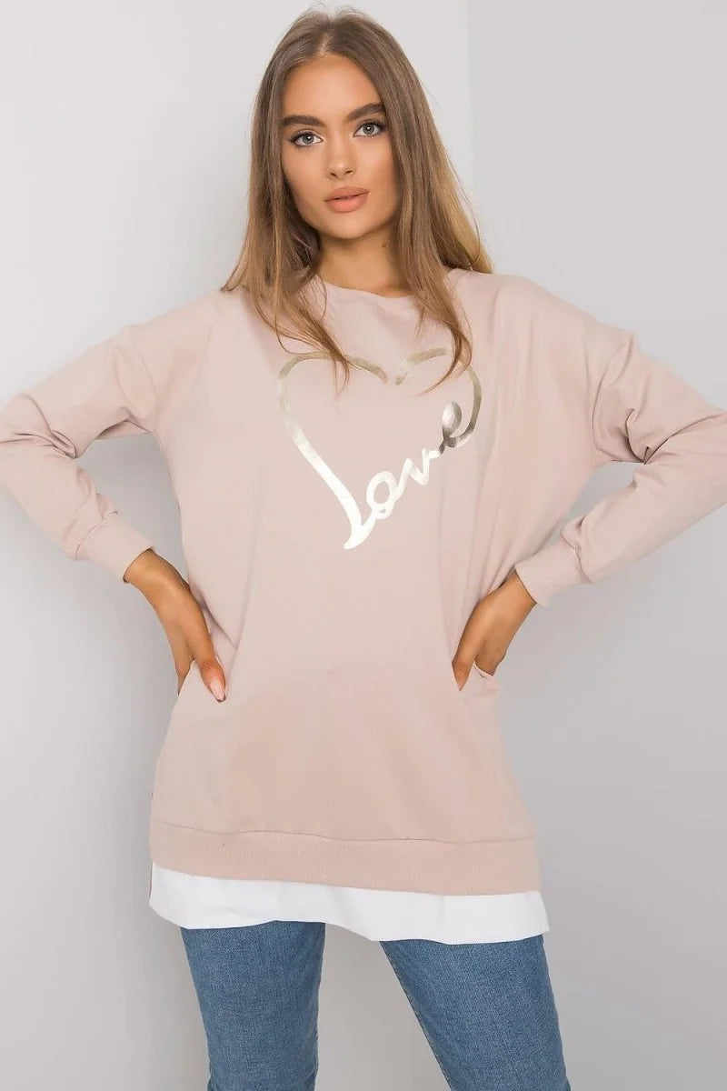 Beige tunic with long sleeves and round neckline