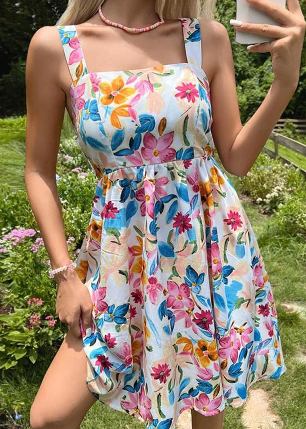 White floral print French style suspender dress