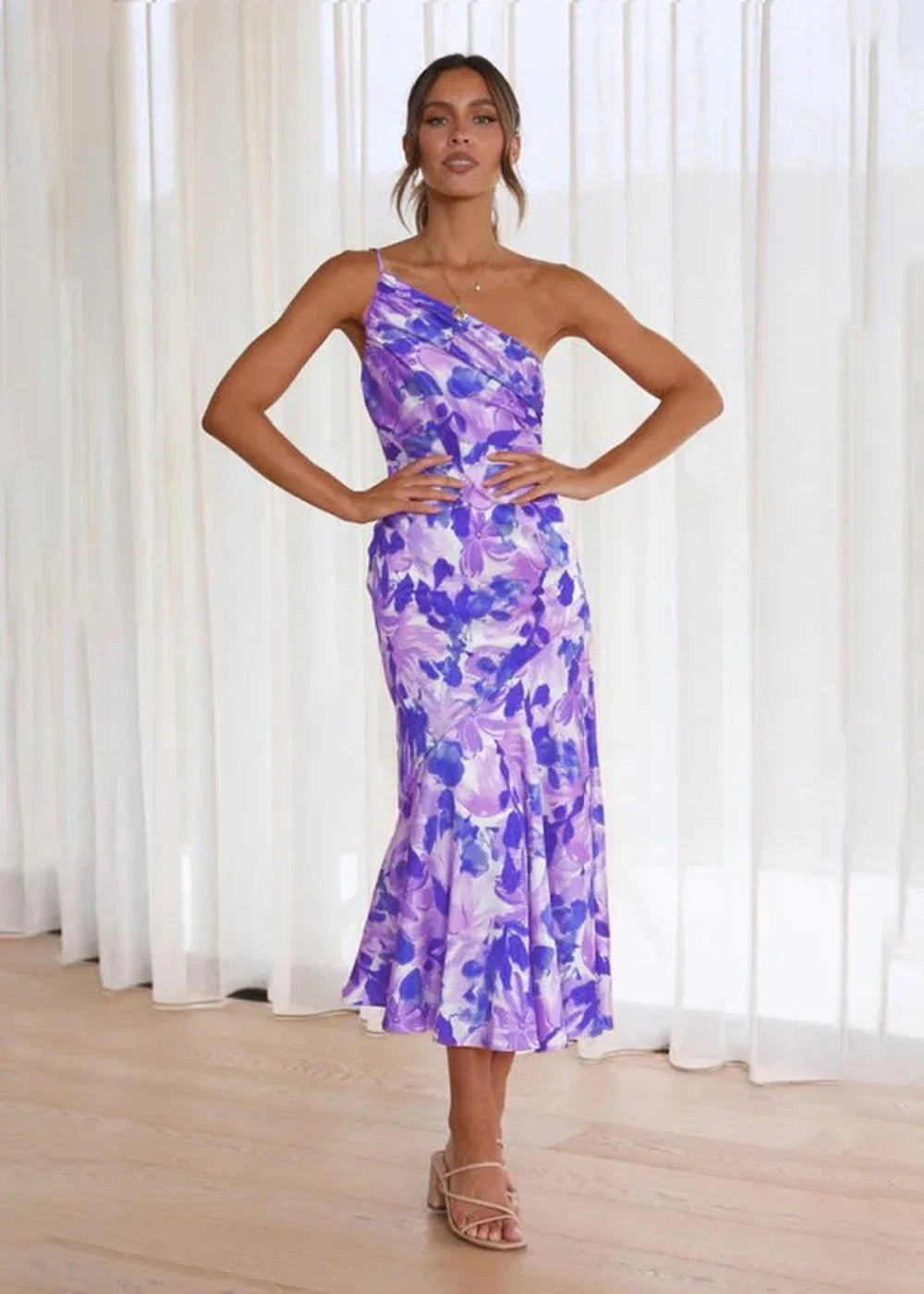 Purple slant neck fishtail print dress