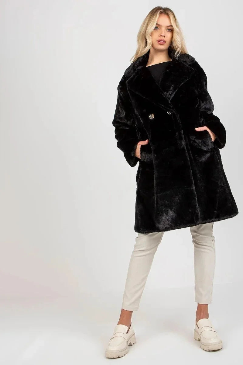Black lined fur coat with button closure