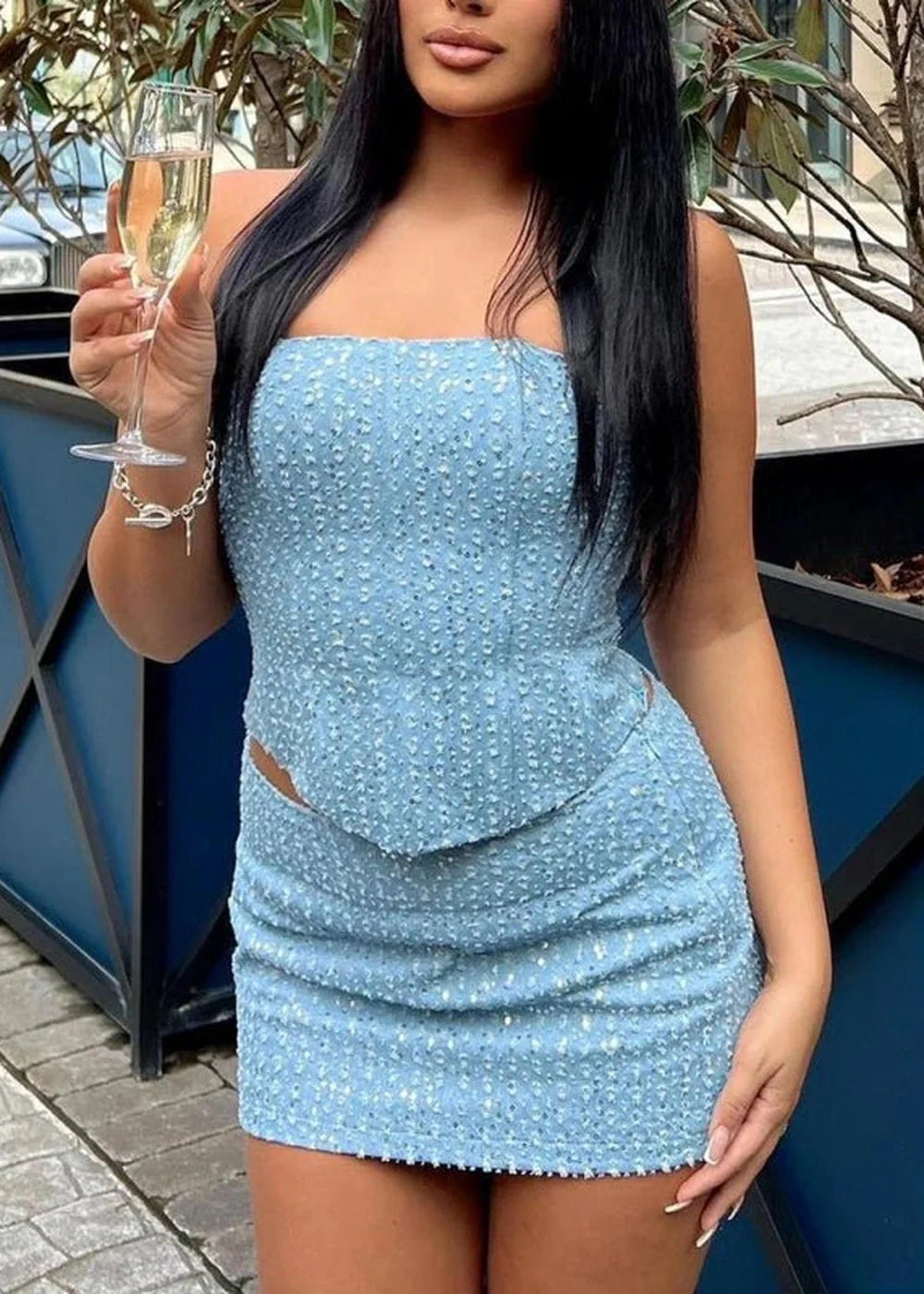 Blue pleated skirt suit