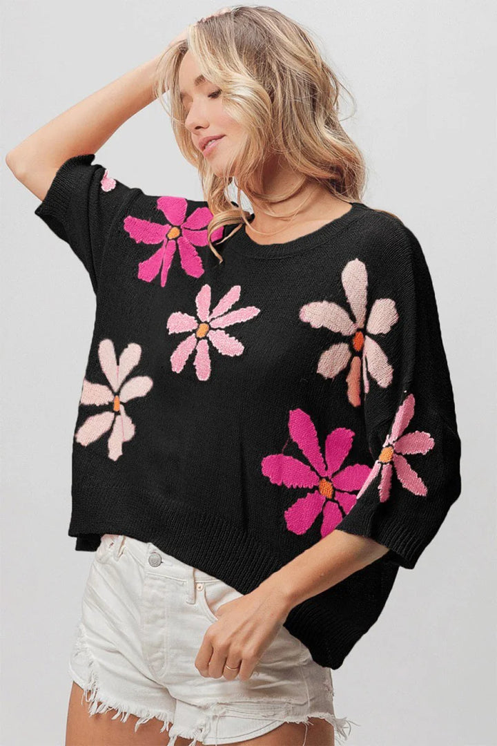 Black/Pink/Fuchsia floral pattern cropped sweater