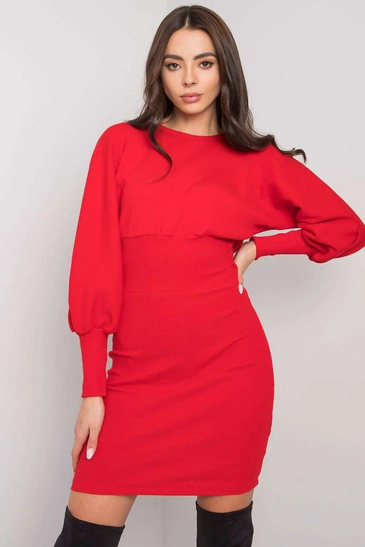 Red fitted daydress with long sleeves