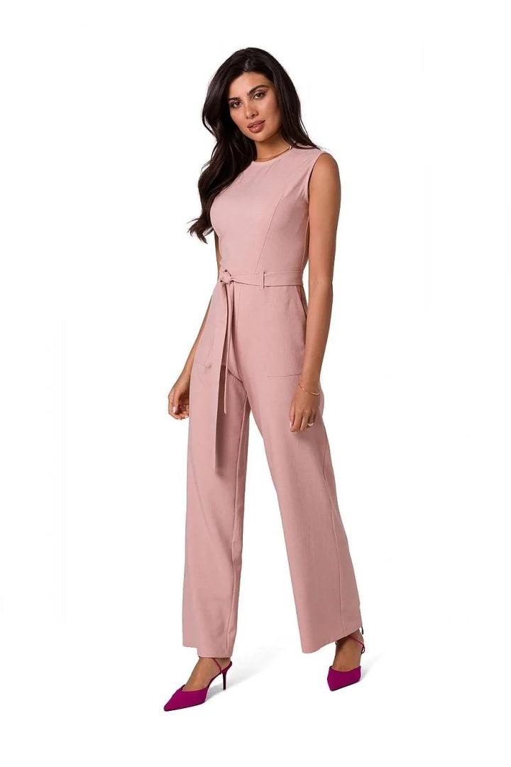 Pink sleeveless jumpsuit with tie belt