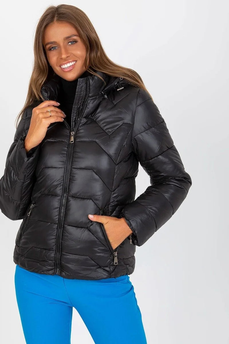 Black quilted jacket with hood