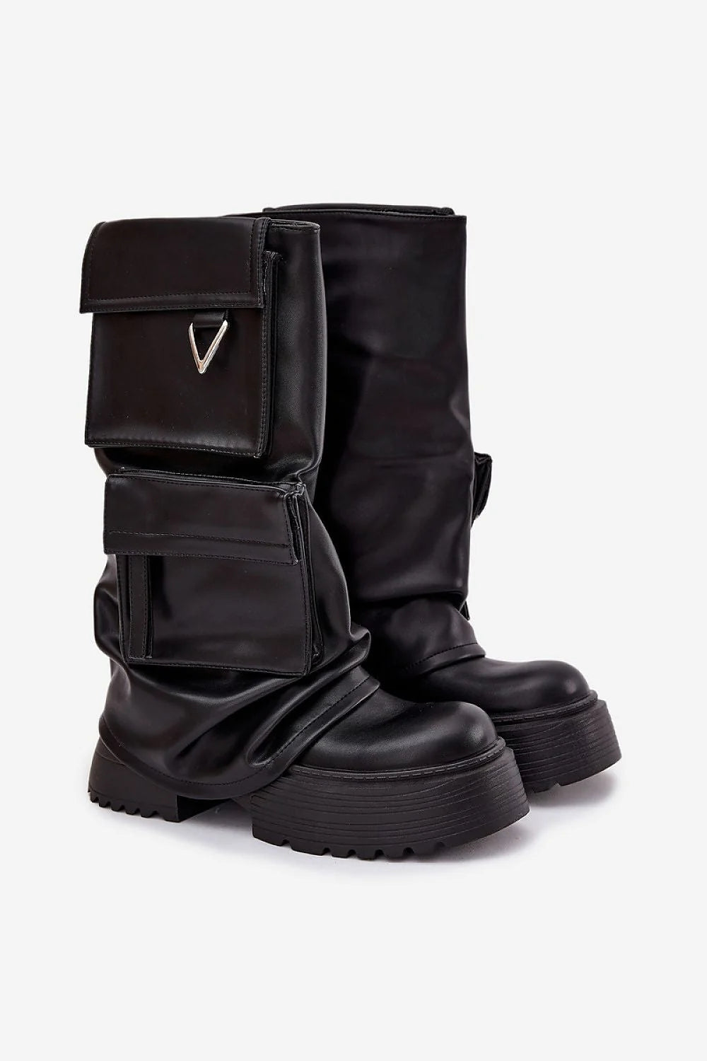 Black faux leather platform boots with multiple cargo pockets and a silver V-shaped buckle detail.