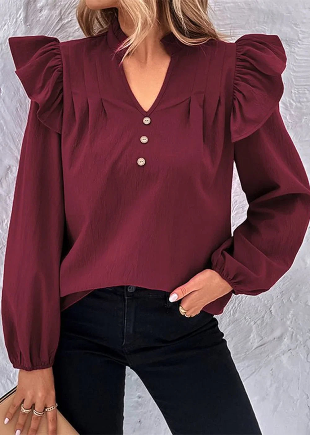 Red V-neck long sleeve top