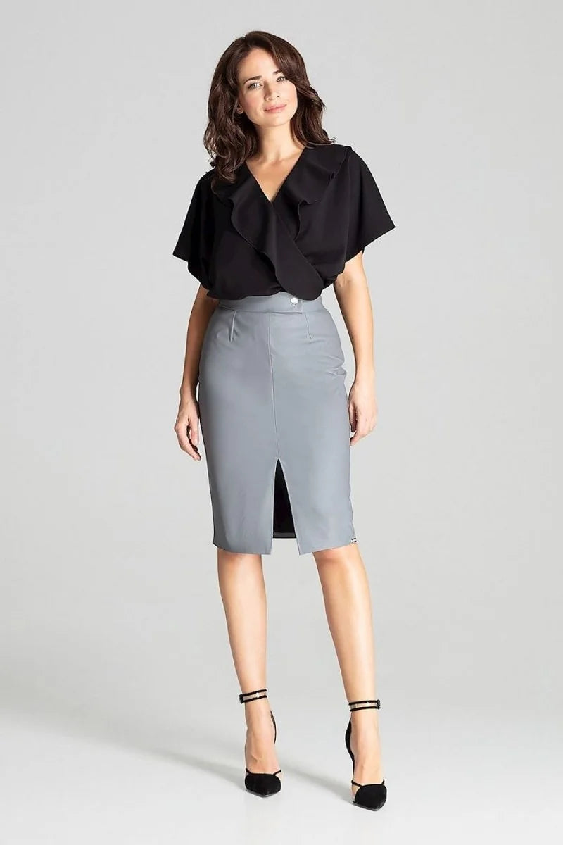 Black eco-leather midi pencil skirt with zipper