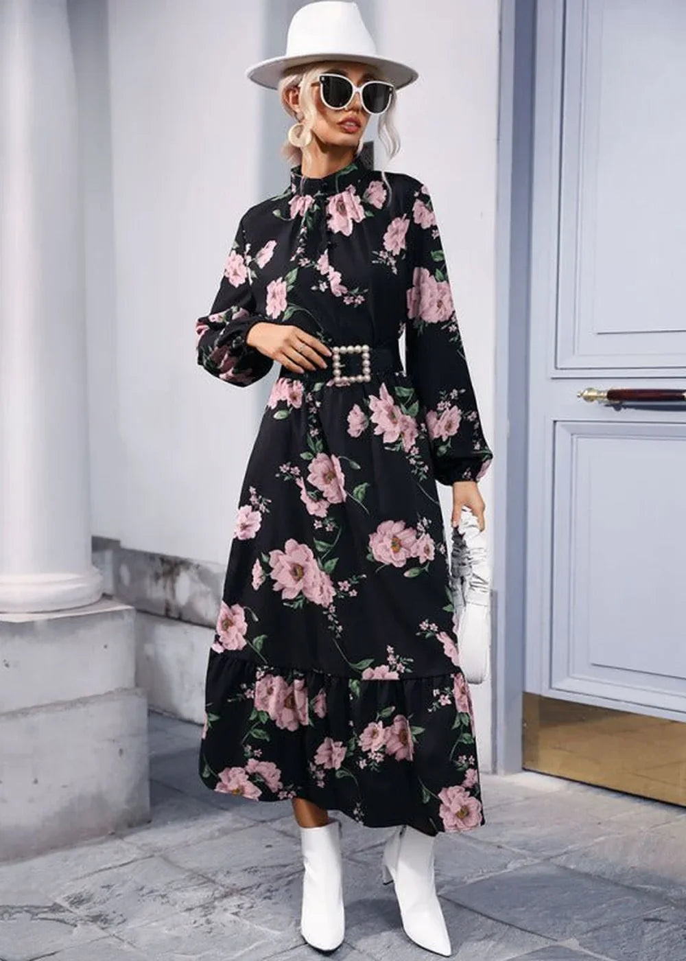 Black printed long sleeve high neck maxi dress