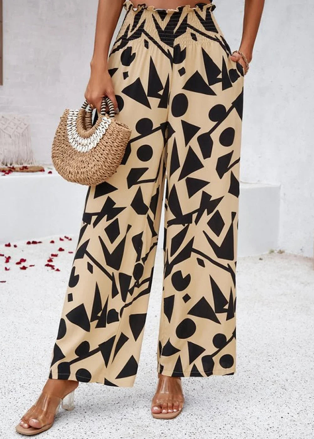 Yellow geometric print loose trousers