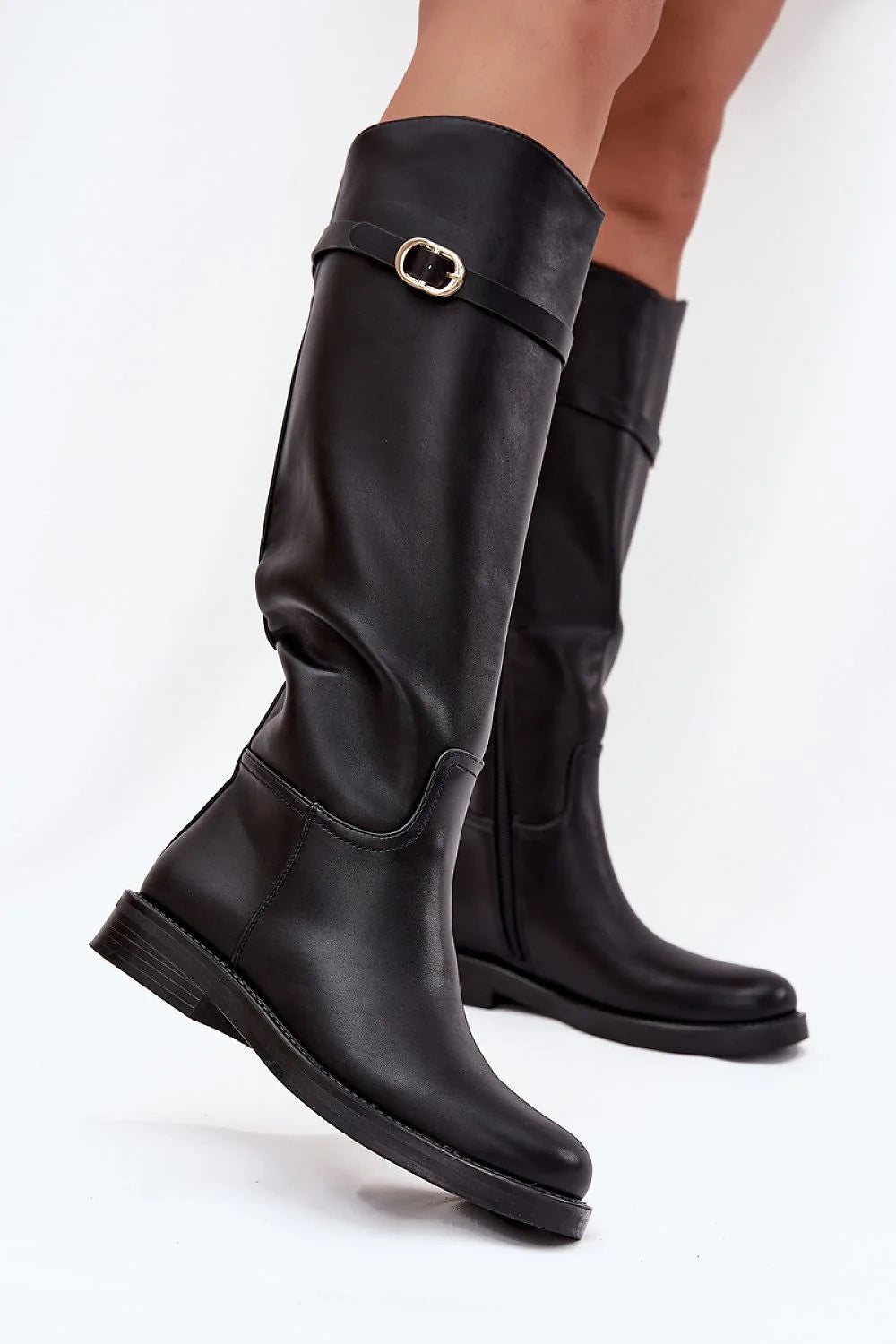 Black women's thigh-high eco-leather boots with gold buckle detail