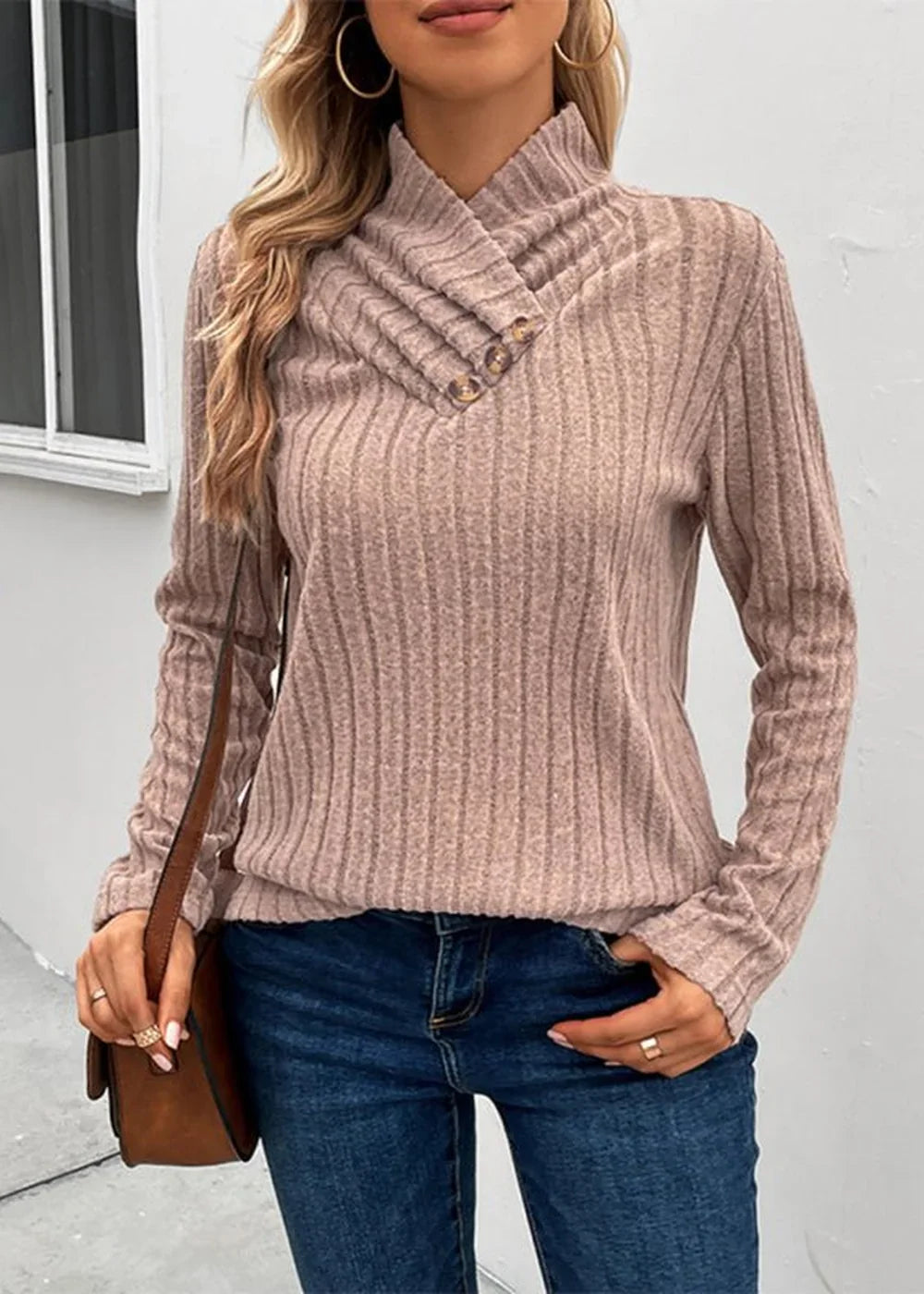 Khaki women's long sleeve turtleneck sweater