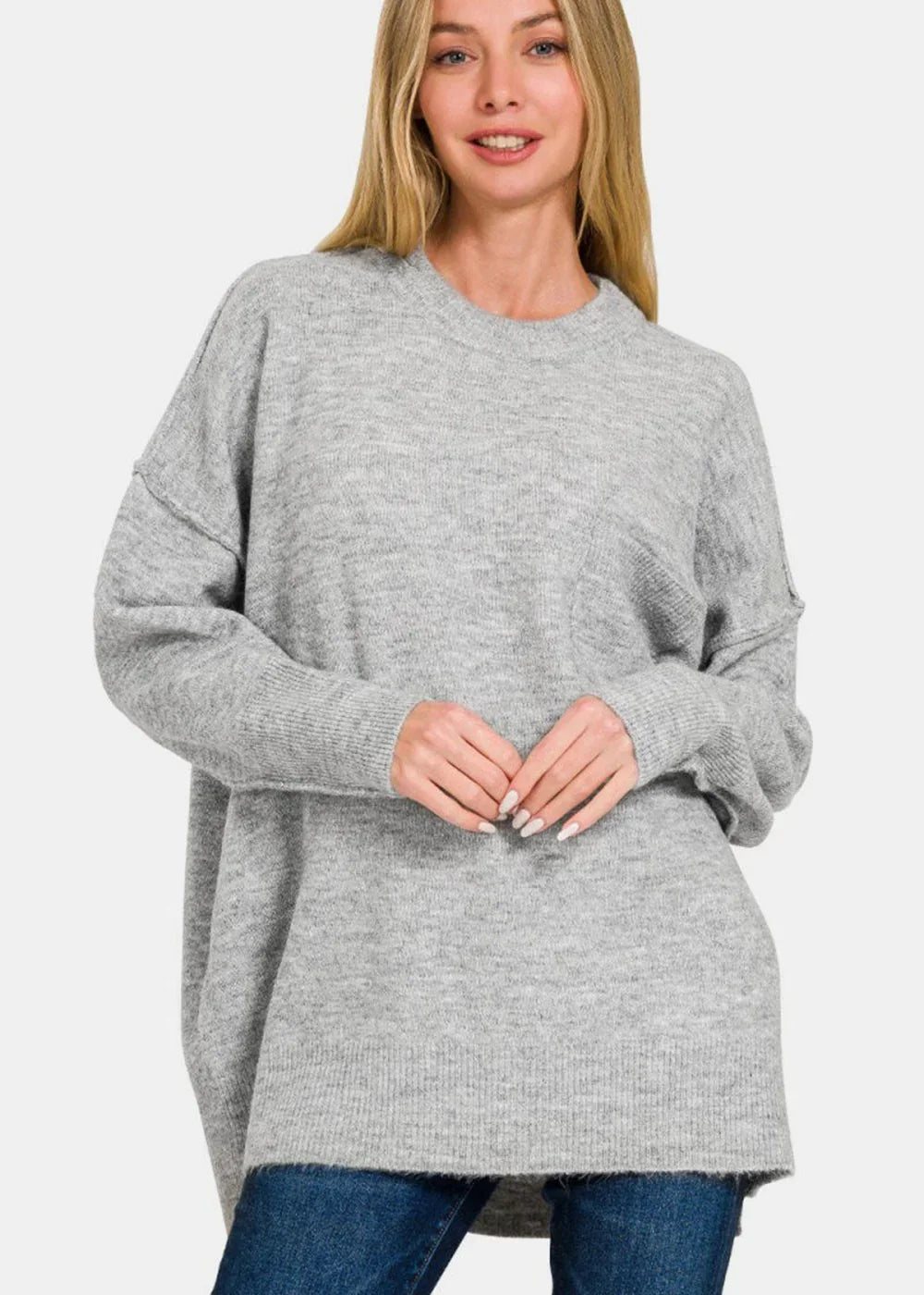 Grey high-low hem drop shoulder sweater