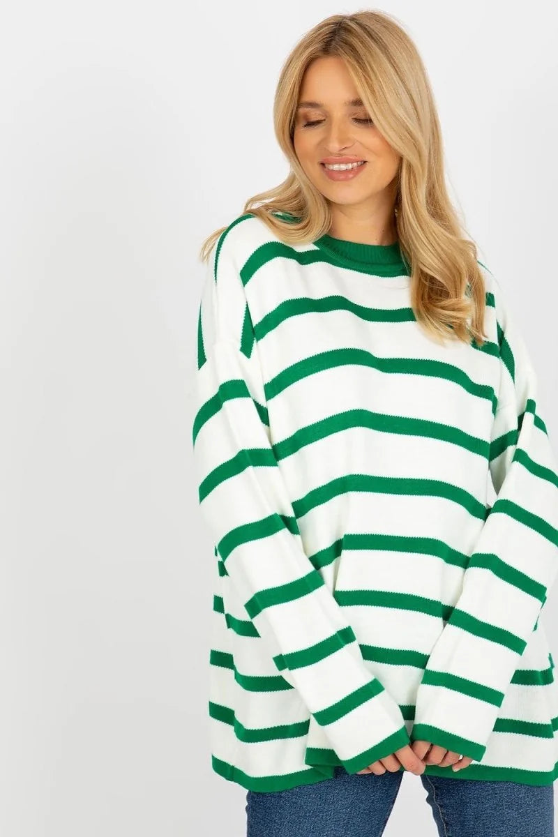 Green loose knit sweater with stand-up collar