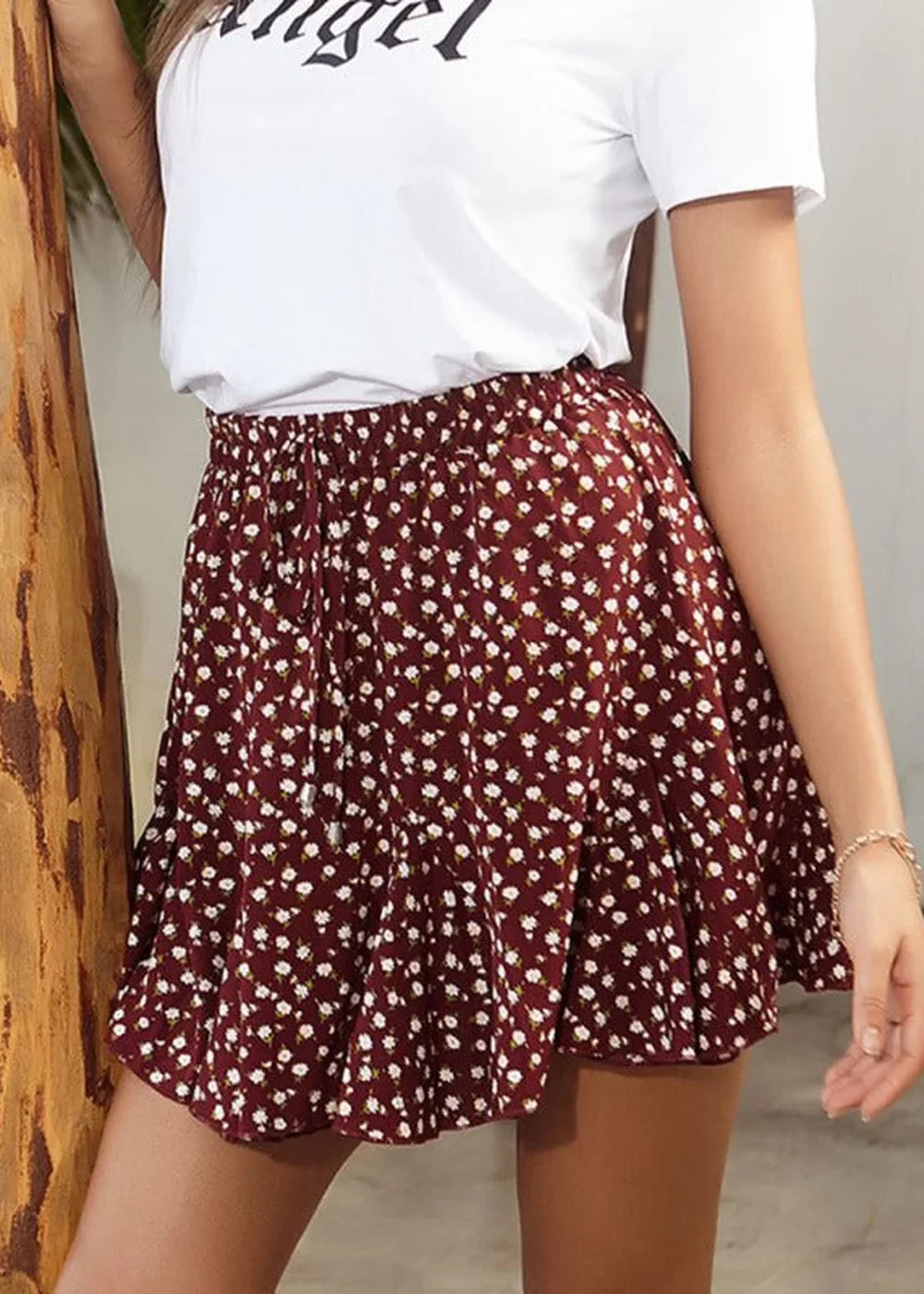 Wine Red floral print short skirt