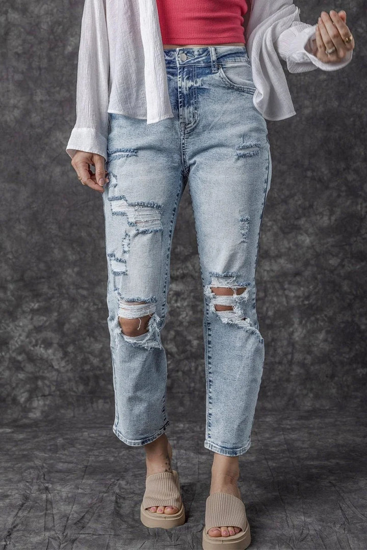 Light wash distressed high waist jeans