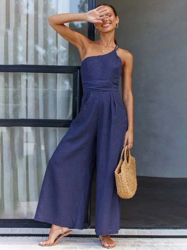 Solid color wide-leg jumpsuit with waist tie