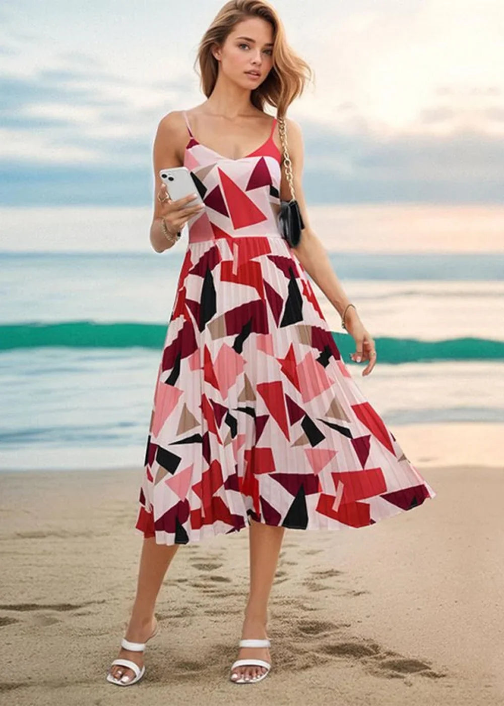 Red geometric print A-line midi dress