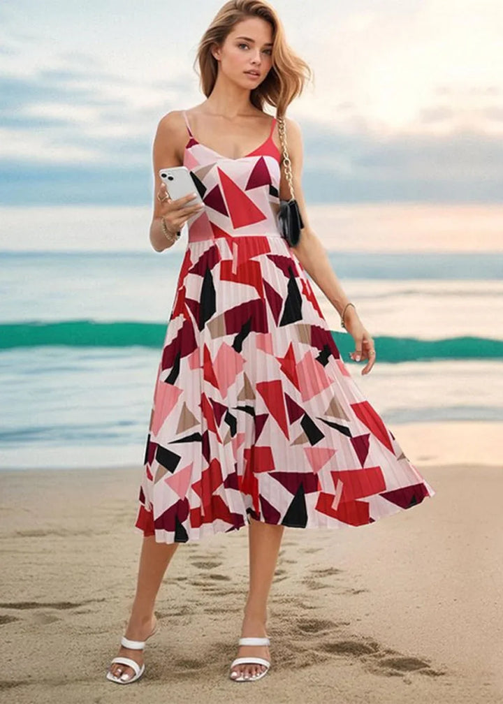 Red geometric print A-line midi dress