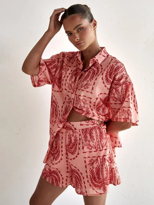 Red printed cardigan shorts suit
