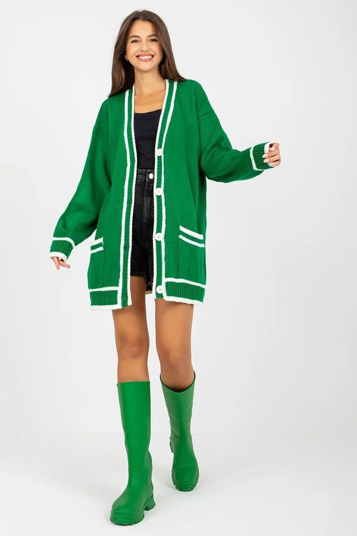 Green long-sleeved cardigan with button closure