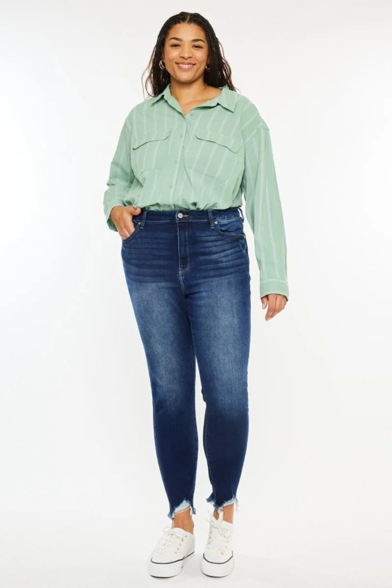 Dark high rise frayed ankle skinny jeans