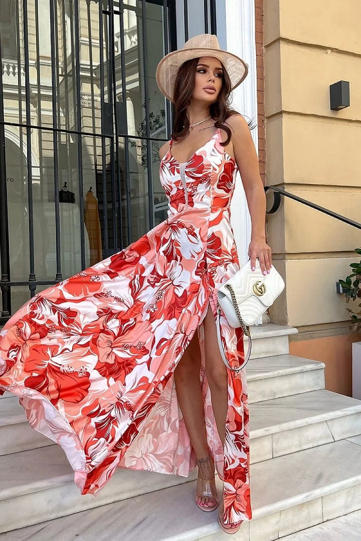 Orange floral print satin maxi dress