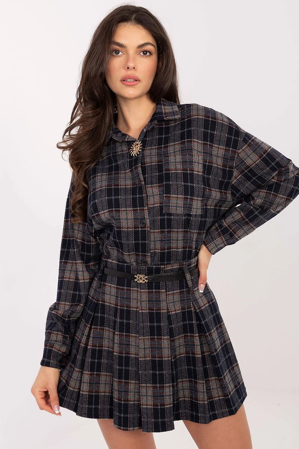 Navy blue checkered mini skirt with tie belt