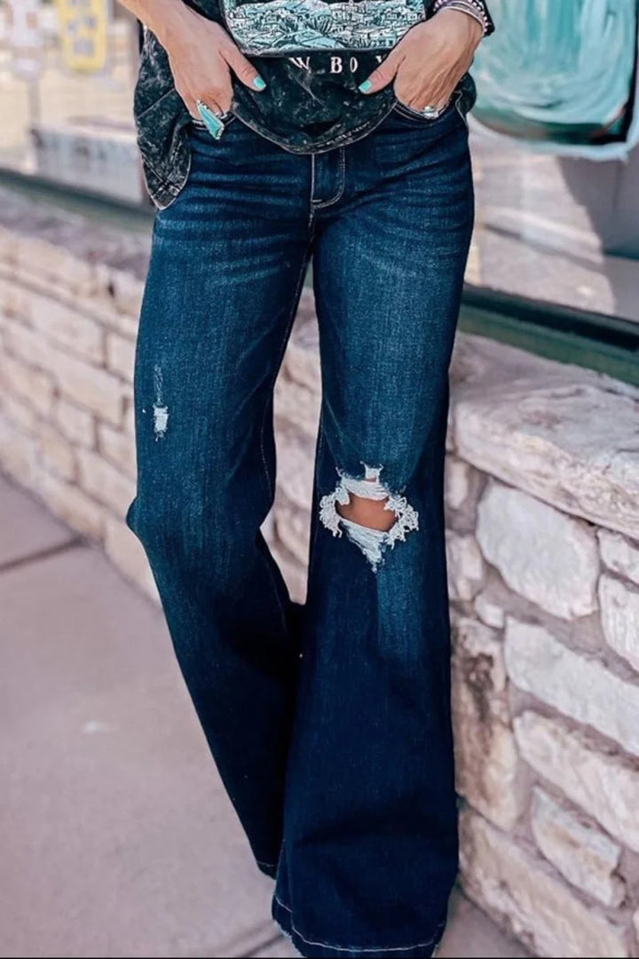 Dark distressed wide leg jeans with pockets