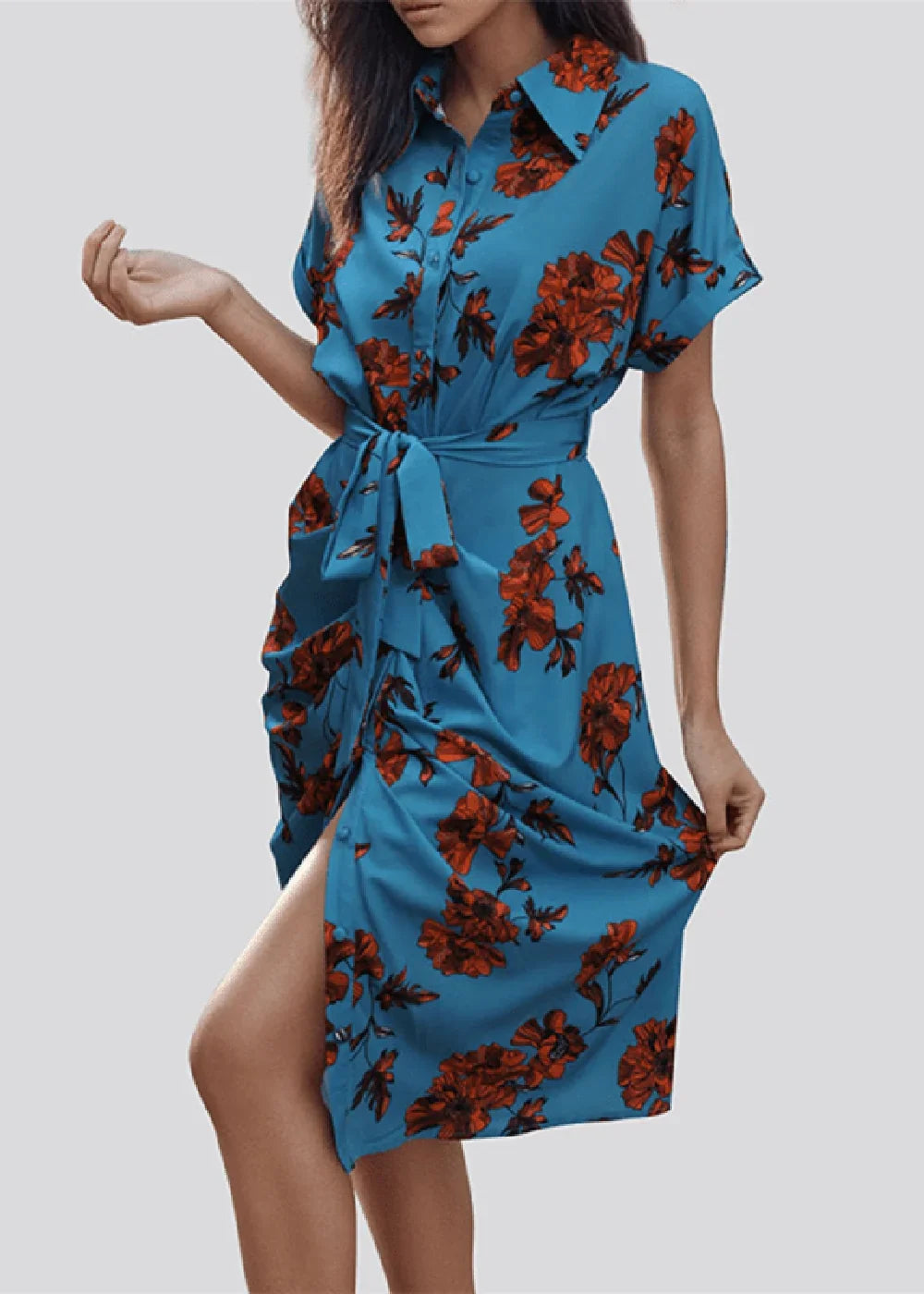 Blue elegant printed lace-up shirt dress