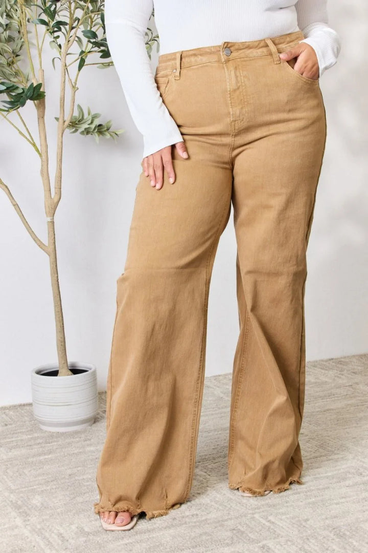 Mocha wide-leg jeans with fringe hem
