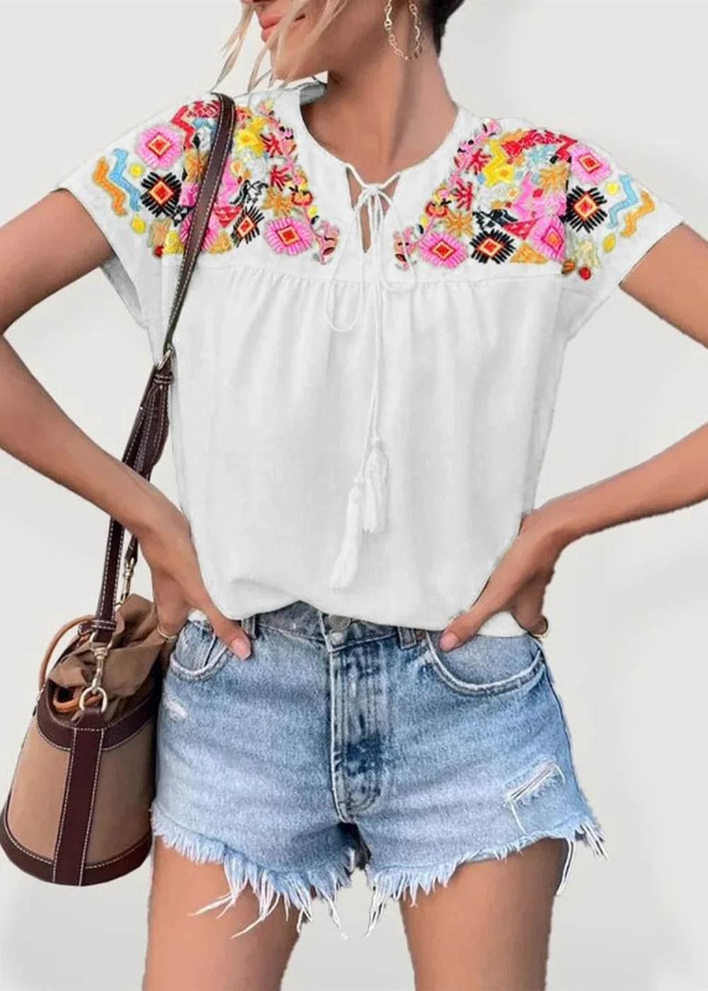 White batwing sleeve shirt with embroidered tassel tie collar