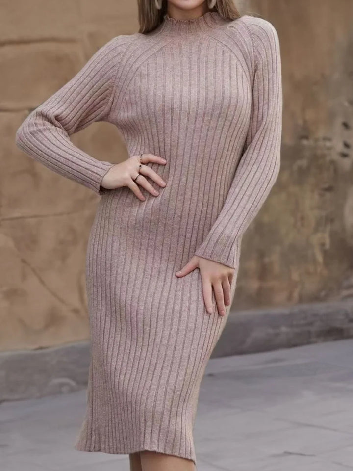 Tan ribbed mock neck sweater dress