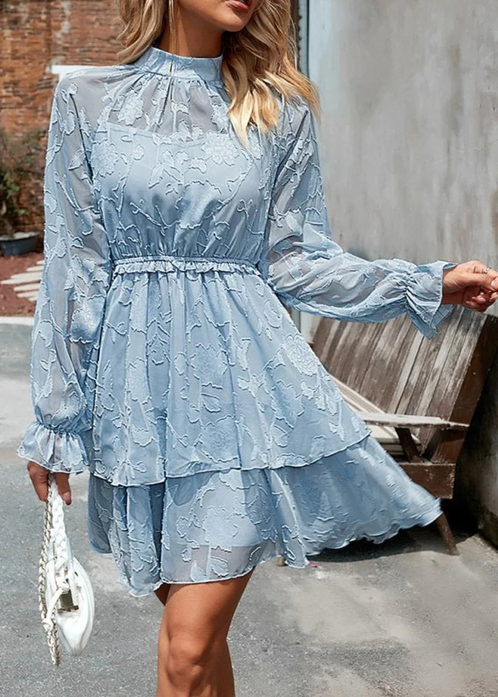 Blue elegant jacquard round neck long sleeve dress