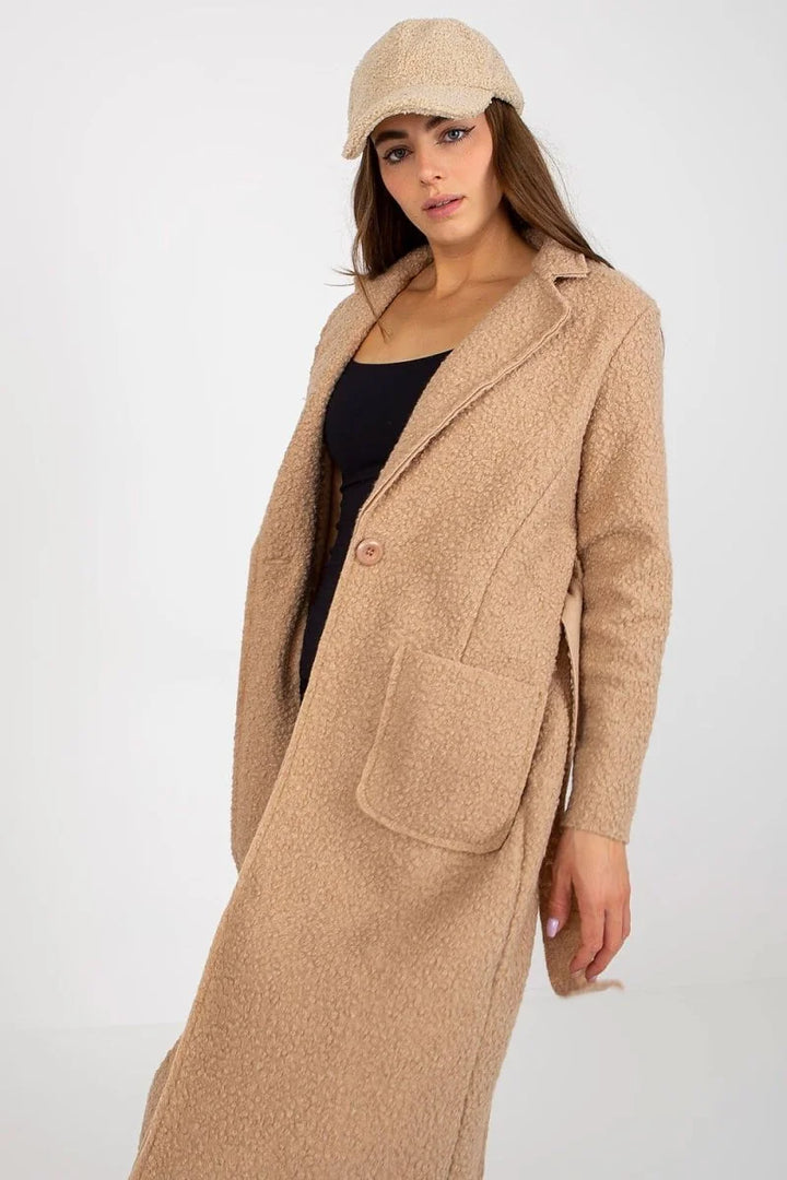 Women's beige long sleeve coat with tie belt