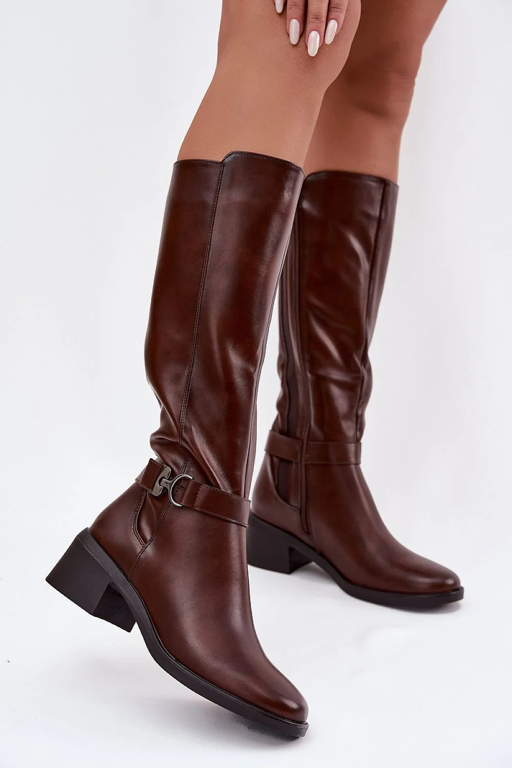 Brown faux suede women's boots with block heel
