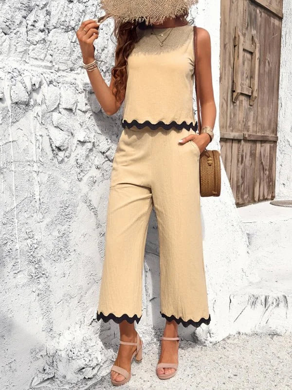 Women's casual vest and trouser suit in cracker khaki