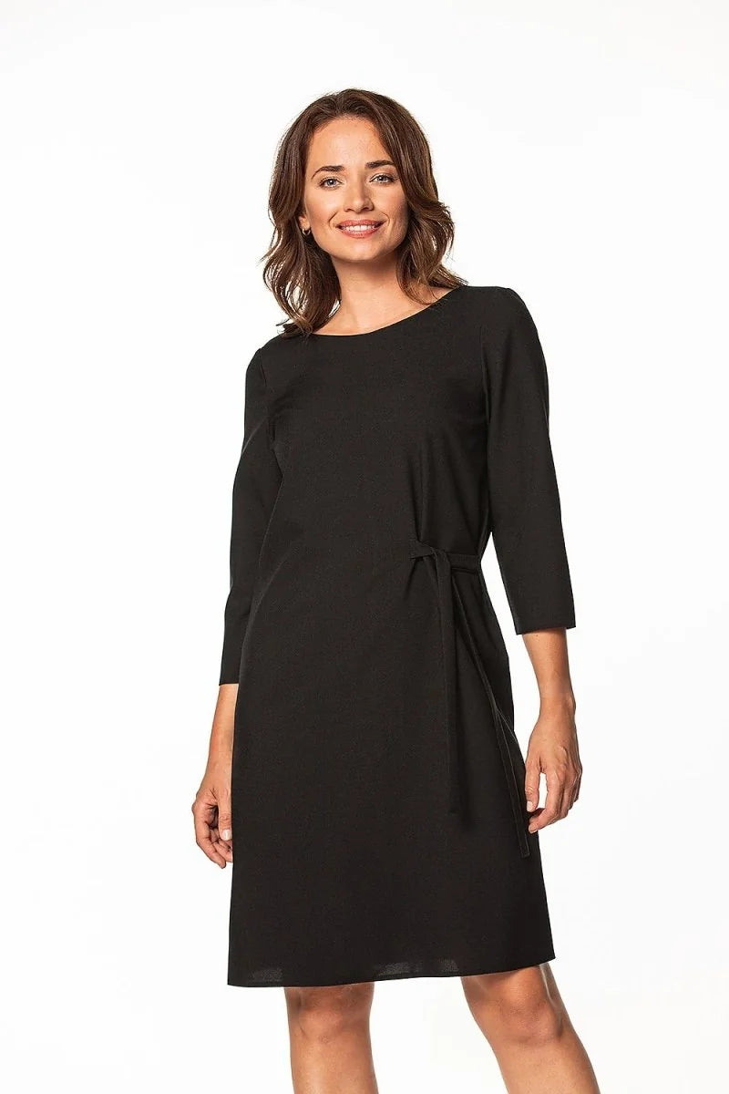 Black midi dress with tie waist and 3/4 sleeves