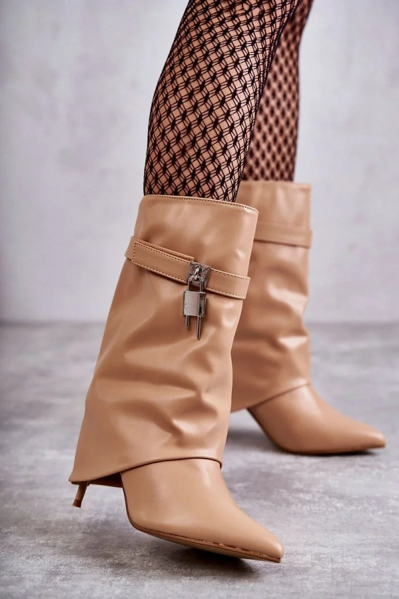 Beige stiletto heel boots with pointed toe