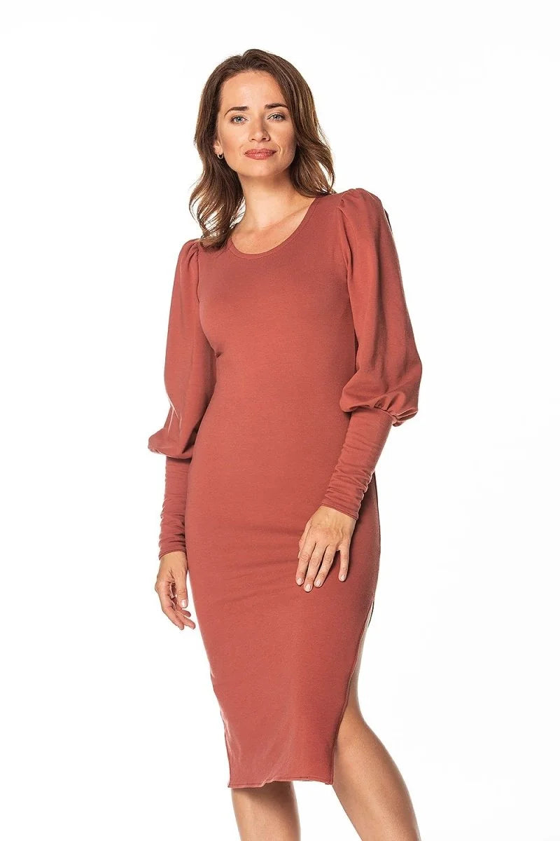 Brown knitted midi dress with boat neckline