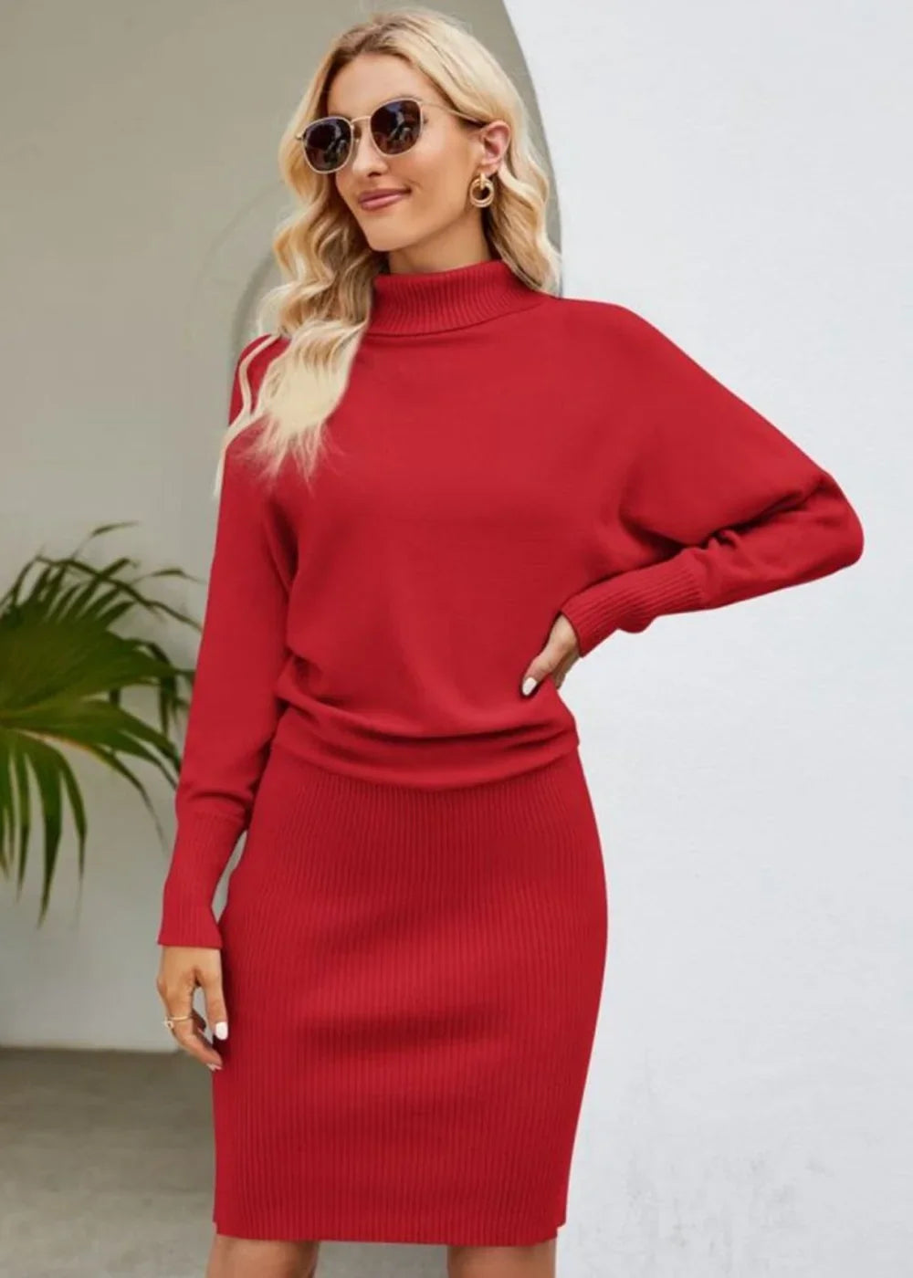 Ribbed turtleneck sweater dress in Deep Red