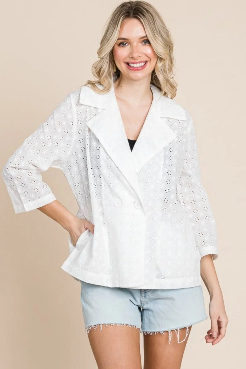 Soft white cotton eyelet double-breasted jacket