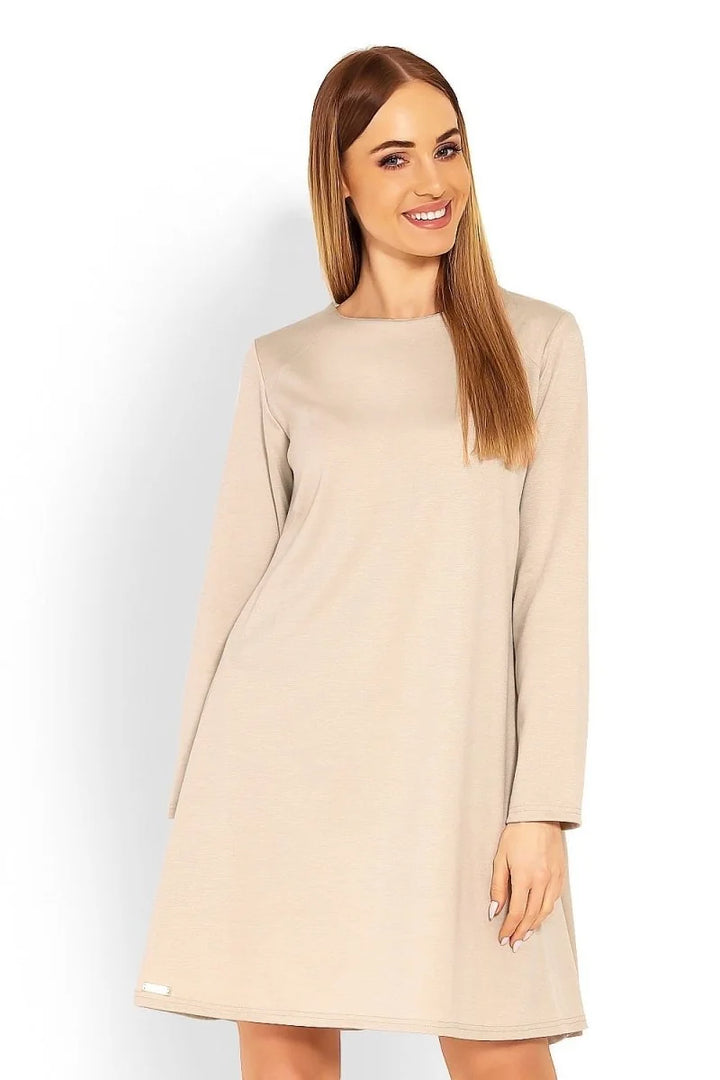 Beige loose fit trapezoid dress with long sleeves